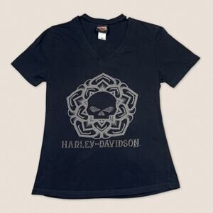 Harley Davidson Rhinestone Skull Black T-shirt V Cut Out Women’s Top - Medium